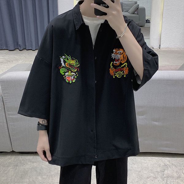 

2021 new men's embroidered short-sleeved hawaiian chinese style loose short sleeve fashion camisa masculina streetwear shirt yoxy, White