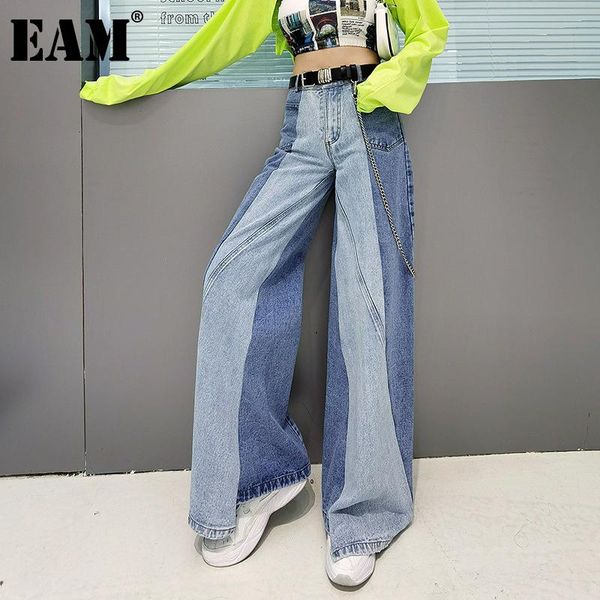

women's jeans [eam] high waist blue contrast color denim wide leg loose women trousers fashion tide spring autumn 2021 1de0821