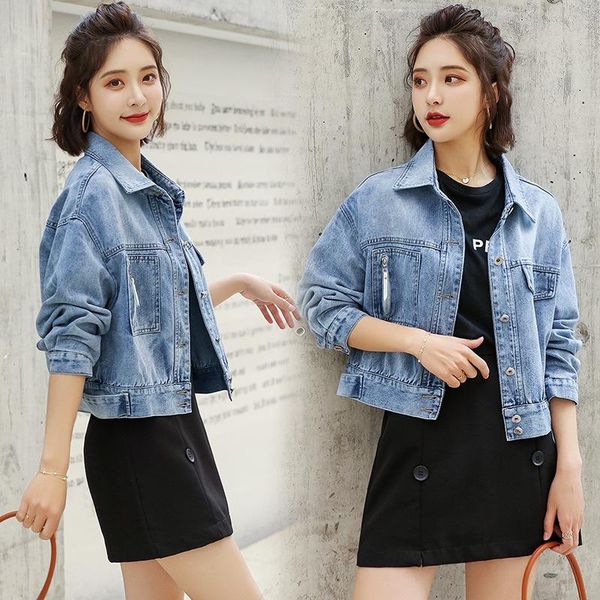 

women's jackets denim women fashion 2021 spring autumn bf style loose short jean coats pocket zipper blue outwear jacket, Black;brown