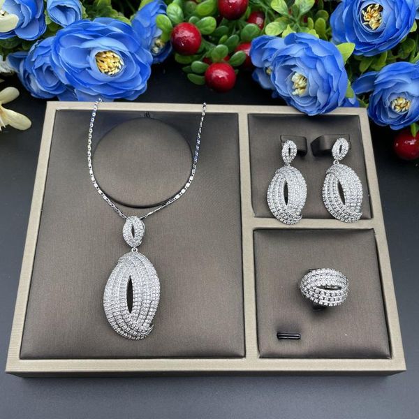 

earrings & necklace luxury water drop cubic zircon nigerian earring ring jewelry sets for women wedding dubai bridal, Silver