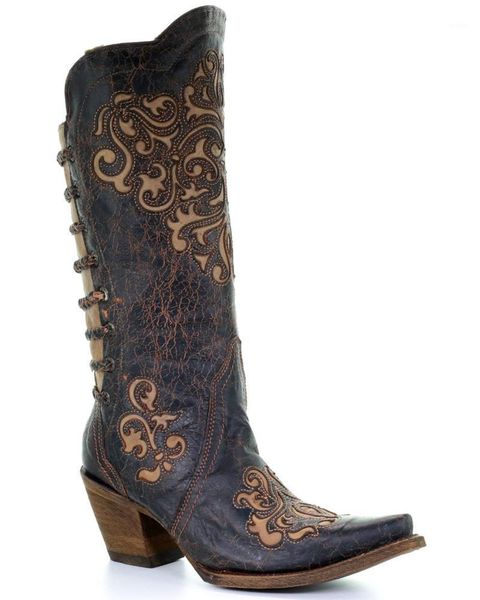 

boots women's inlay and straps cowgirl - snip toe1, Black