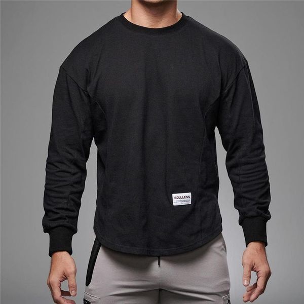 

running jerseys solid black arc hem men t-shirt long sleeve cotton casual gym fitness t shirt bodybuilding workout tees male brand clot, Black;blue