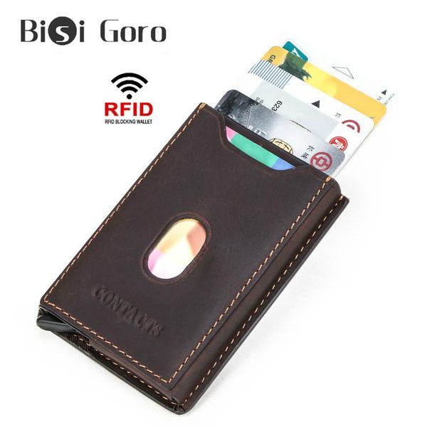 

card holders bisi goro 2021 business men vintage genuine leather rfid anti-theft holder auto -up aluminum box id case, Brown;gray