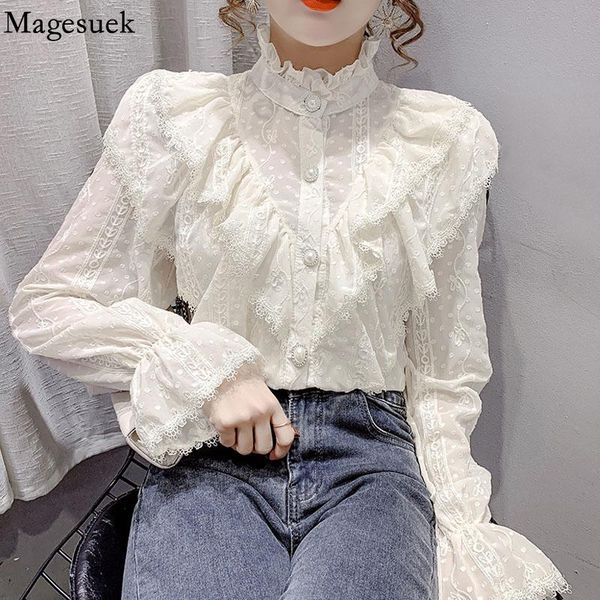 

women's blouses & shirts elegant ruffle stitching chiffon fashion long sleeve lace blouse women loose korean stand collar pleated blusa, White