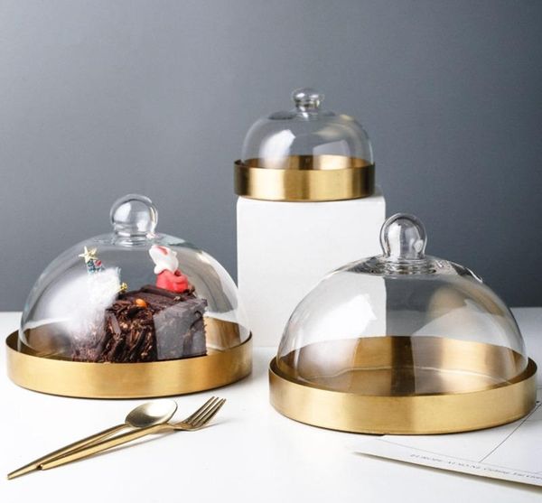 

dishes & plates europe style stainless steel cake plate with glass cover gold color desserts/fruits dusf-proof fresh-keeping tray
