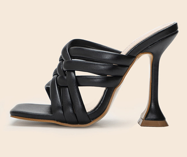 

2021 summer new design black square toe high heels narrow band women slippers gladiator sandal slides shoes