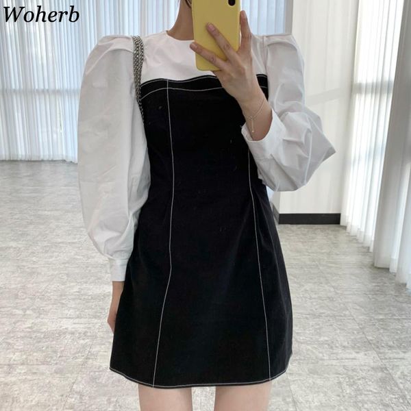 

casual dresses woherb patchwork contrast color woman dress o-neck loose short for women sleeve robe korean chic vestidos, Black;gray