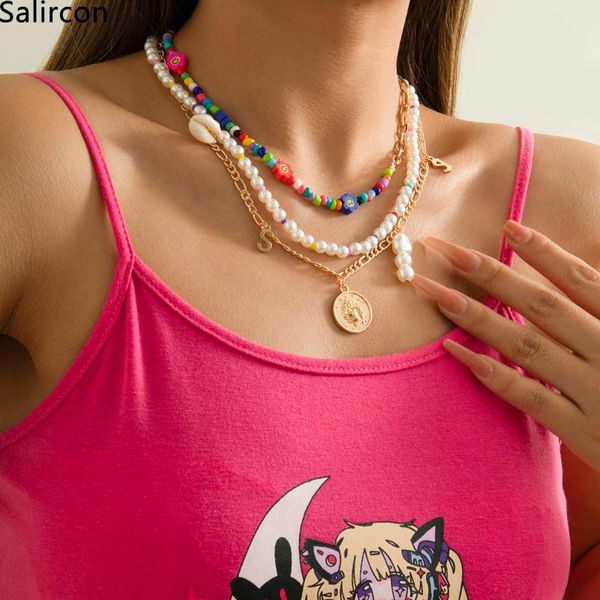 

pendant necklaces 2021 trend y2k accessories simulated pearls colorful beaded chain choker necklace for women shell letter coin jewelry, Silver