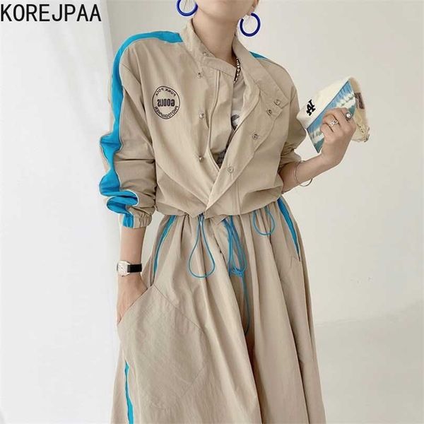

korejpaa women sets autumn korea simple ladies letter print hit color short coat high waist pocket large swing skirt suit 211106, White