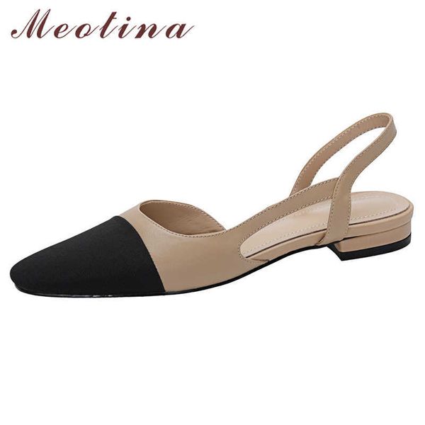 

meotina women shoes genuine leather sandals low heel thick shoes square toe cow leather ladies footwear summer apricot 33-43 210608, Black