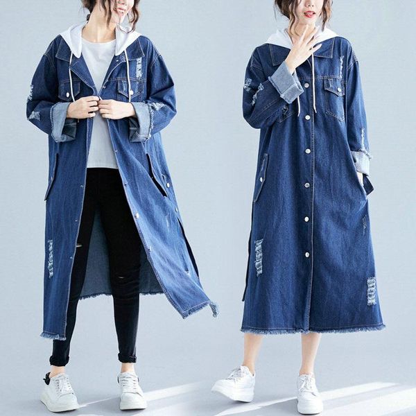 

women's hoodies & sweatshirts hole coat denim windbreaker women vintage jeans spring autumn loose casual long jacket outwear f1487, Black