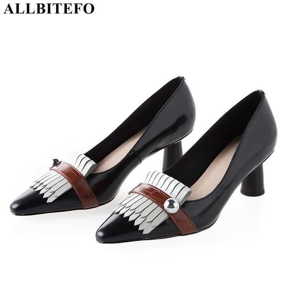 

allbitefo retro tassel genuine leather brand high heels office ladies shoes women high heel shoes mixed colors women heels 210611, Black