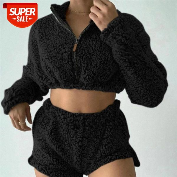 

hirigin 2pcs women's set warm fur outfits solid long sleeve sweatshirt high collar zip up crop high waist shorts pants #r384, White