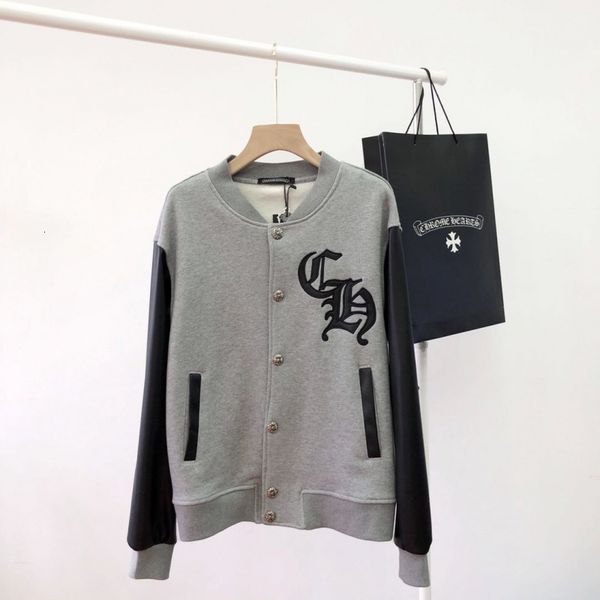 

chaopin crosin ch splicing pu leather sleeve plush coat men's and women's baseball uniform, Black