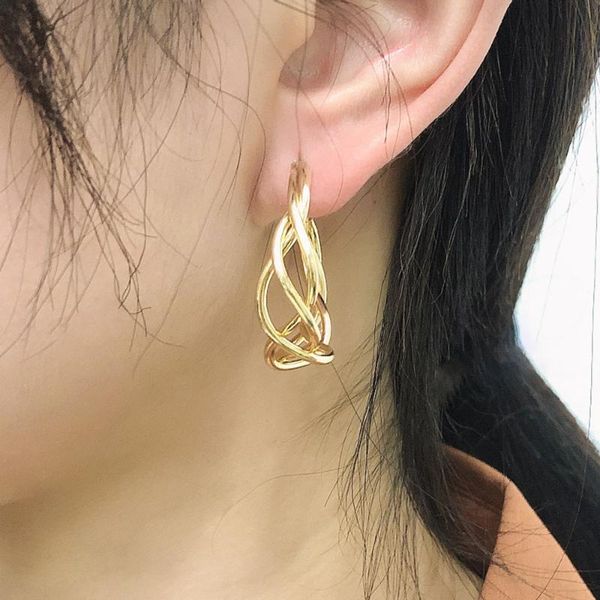 

hoop & huggie minimalist gold color twisted round circle earring for women trendy stainless steel geometric buckle female jewelry, Golden;silver