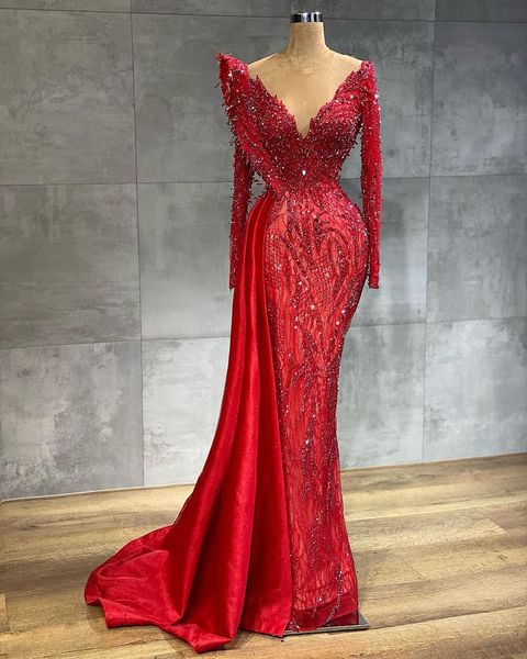 ASO EBI 2021 Árabe Vermelho Vermelho Luxuoso Sereia Vestidos de Noite Frisado Vestidos De Aves De Caminho Pedido Pedido Formal Party Second Recepção Vestidos ZJ755