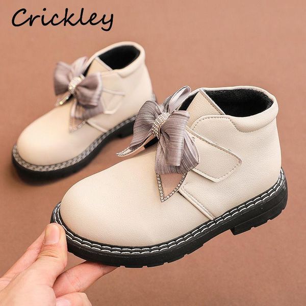 

winter big bow crystal girls fashion boots plush warm hook loop kids snow boots princess non slip toddler children shoes, Black;grey