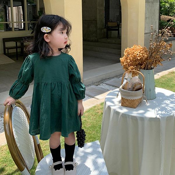 

girl's dresses 2021 baby girls puff long sleeve solid color cotton princess children kids retro fashion dress two sides wear, Red;yellow