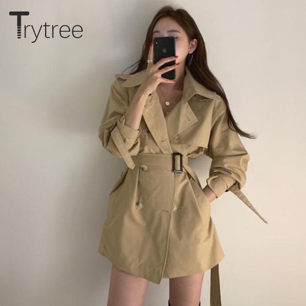 

trytree 2021 autumn women's trench coat casual turn-down collar double breasted pockets belt women's windbreaker office lady, Tan;black