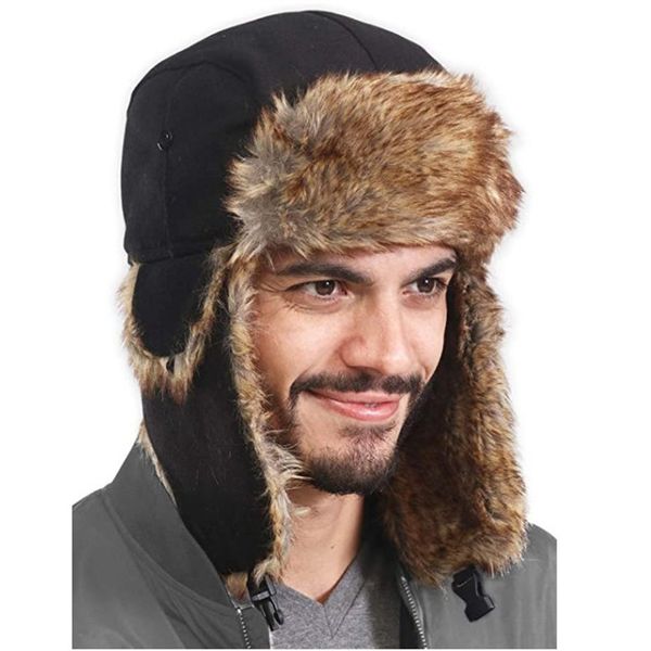 Chapéu de inverno de pele falsa, chapéu russo ushanka soldado à prova d'água, chapéus de aviação para homens, boné esquimó de neve com abas de orelha