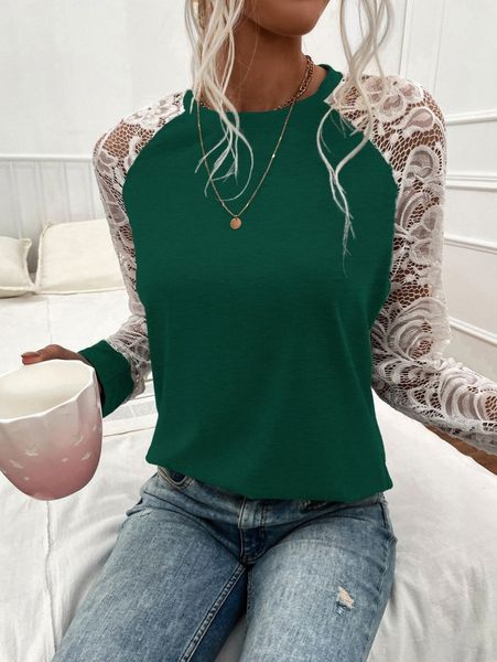 

contrast lace raglan sleeve tee l52s#, White