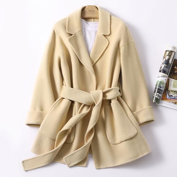 

women's wool & blends double faced coat for women solid color notched collar long sleeve lace up woolen overcoat fashion korean straigh, Black