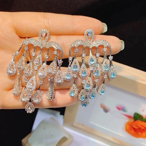 

dangle & chandelier water drop long zircon earrings 210320-36, Silver
