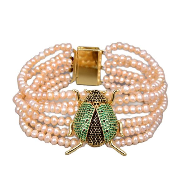 

guaiguai jewelry 6 strands pink freshwater pearl cubic zirconia micro pave bee bracelet animal insect bracelet handmade for women lady fashi, Black