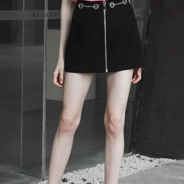 

skirts punk rave women handsome metal chain half skirt thick chiffon corns decoration personality cool short, Black