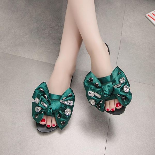 

slippers 2021 korean fashion rhinestone flat with big bows wearing for children, Black