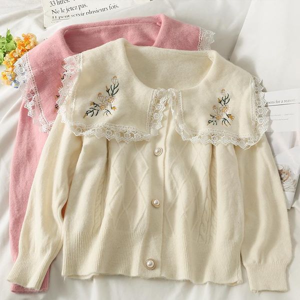 

women's knits & tees sweet lace stitching doll collar knitted cardigan sweater coat women 2021 diamond plaid retro autumn, White