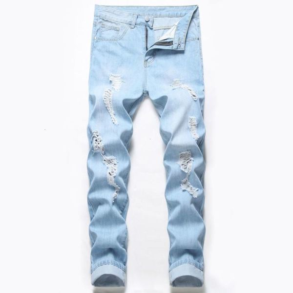 

loose fit autumn new pierced straight jeans light blue large men's pants fashion
