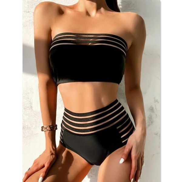 

women's swimwear high waist women brazilian off-shoulder bikini set bandeau biquini solid swimsuit bathing suit bikinis 2021 mujer, White;black