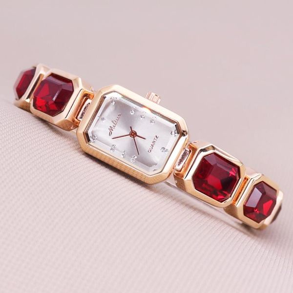 

wristwatches luxury melissa lady women's watch elegant big red rhinestone fashion hours bracelet crystal clock girl's birthday gif, Slivery;brown