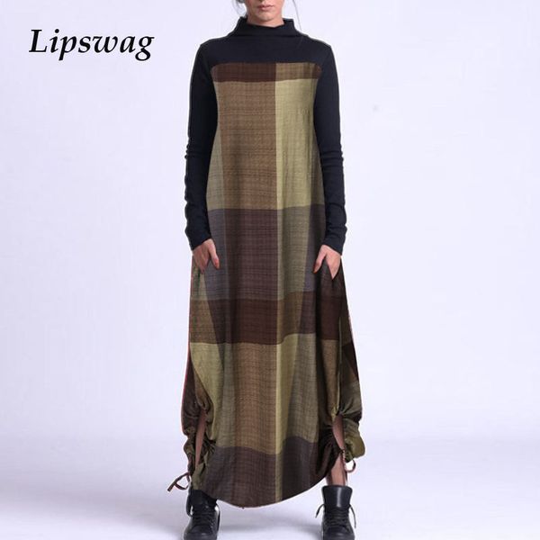 

women long sleeve cotton linen maxi dress spring elegant half-turtleneck party dress retro casual loose plaid long dress vestidohigh quality, Black;gray