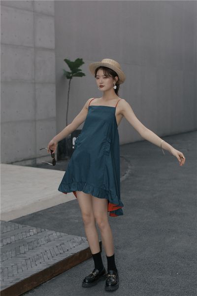 

2021 new spaghetti strap backless women summer blue red a line mini ruffle vacation sun clothes zpsj, Black;gray
