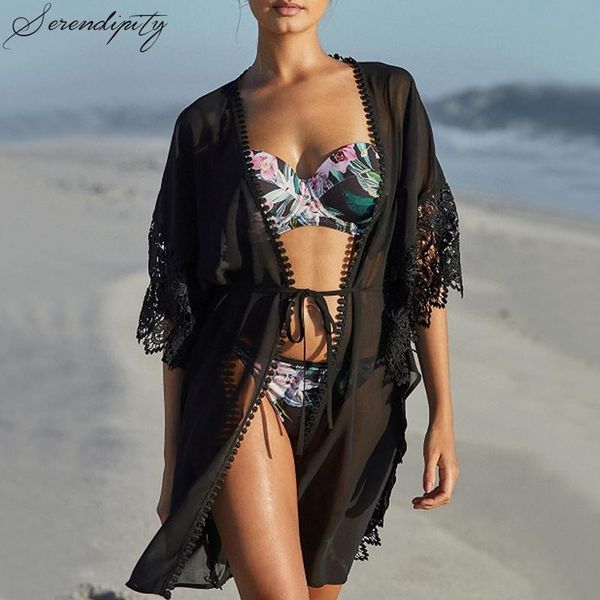 

women's swimwear chiffon lace beach cover up kaftan swim bikini pareo 2021 bathing suit ups cardigan plus size polyester, White;black