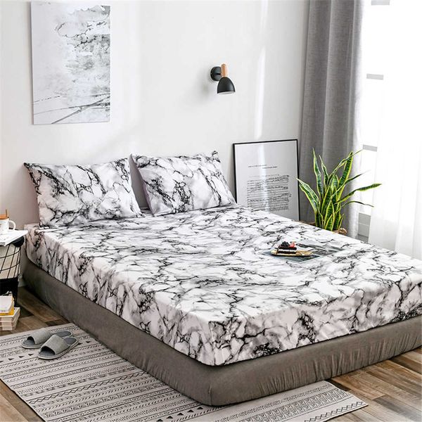 Niobomo напечатанный мраморный кровать встроенный листовой матрас наматывает четыре угла кроватей с упругими полосными простынями америки Европейский размер 210626