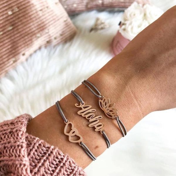 

charm bracelets 3pcs/set bohemia knitting letter bracelet double love heart lotus women jewelry hawaii language aloha, Golden;silver