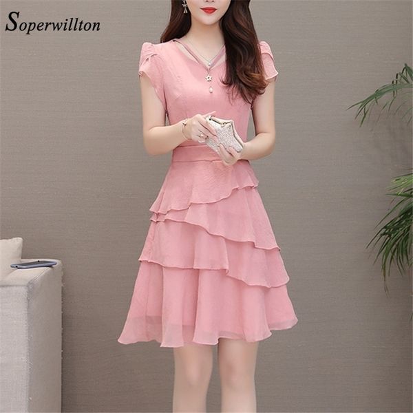 

summer chiffon dress women v-neck solid short dresses sweet ruffle sleeeve slim new casual layered women dress plus size 210316, Black;gray