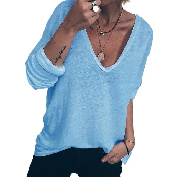 

casual woman tshirts solid color loose tshirt women long sleeve v-neck t-shirt pullover femme t-shirts mujer camisetas, Gray