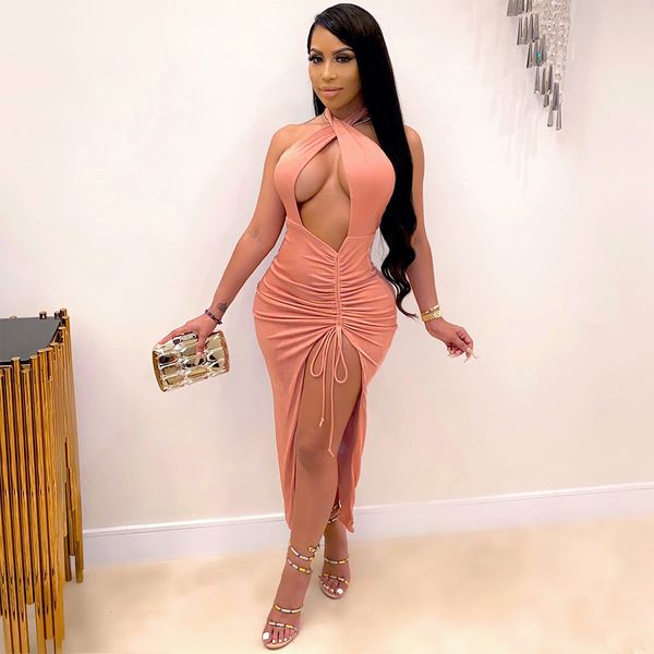 

club dress women party outfit pink black hollow out halter backless high split long maxi dresses 2021, Black;gray