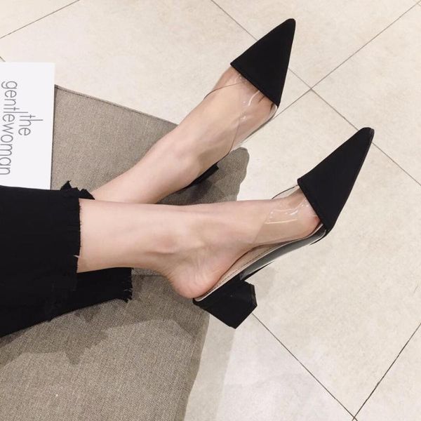 

dress shoes chunky heel transparent slippers women patchwork pvc silk sandals 2021 summer clear flip flops ladies slides mules 180, Black
