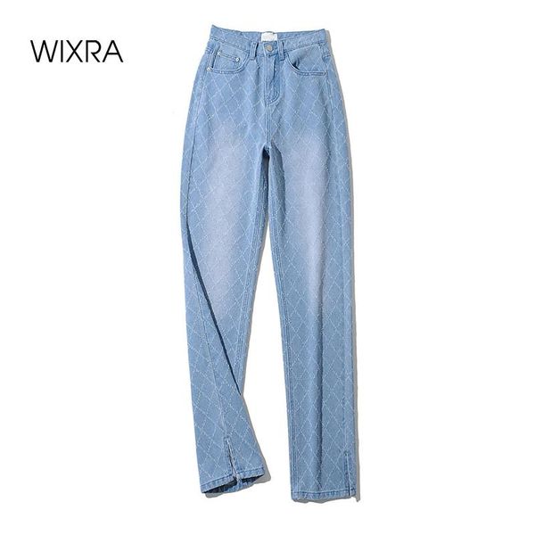 

women's jeans wixra 2021 streetwear button zipper full length hole pant ladies loose straight pockets split casual wide leg, Blue