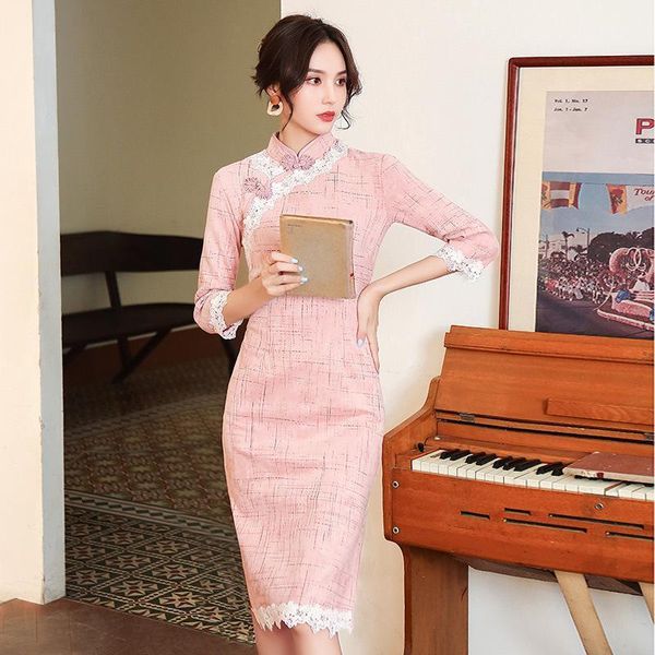 

ethnic clothing women suede qipao vintage button mandarin collar sheath cheongsam plus size 3xl party prom dress gown elegant vestidos, Red