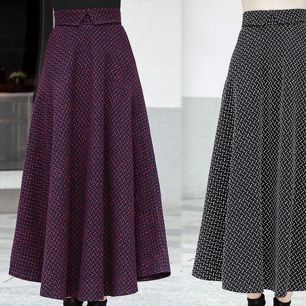 

hight quality wool long skirt 2021 autumn winter women vintage retro embroidery prints high waist a line long maxi skirt, Black