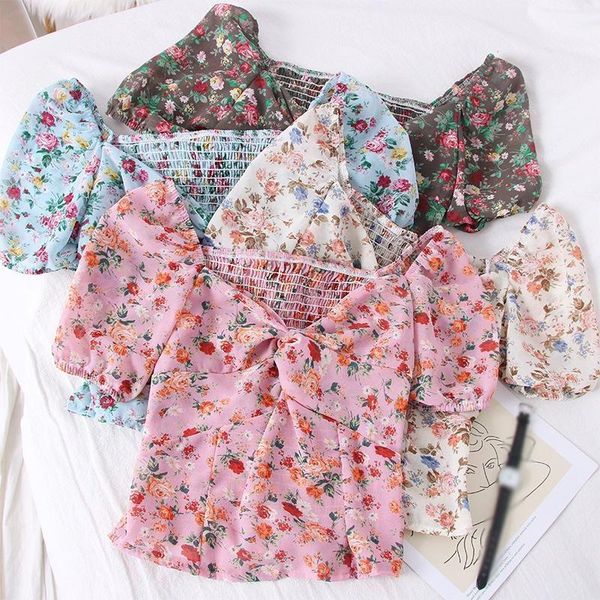 

women's blouses & shirts women floral print chiffon blouse summer sweet v-neck shirt female short sleeve, White