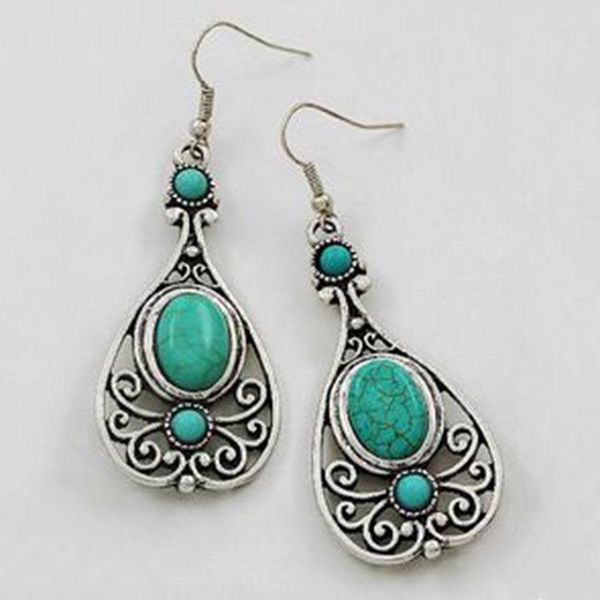 

dangle & chandelier bohemian green stone earrings for women vintage ethnic hollow carved pattern wedding anniversary gift, Silver