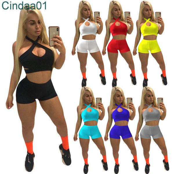 Mulheres Tracksuits Dois Peças Definir Designer Slim Sexy Curto Set Outfits Mangas Sem Mangas Suits Sexy Suspensórios Tops Terno Plus Size 7 Cores