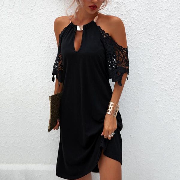 

casual dresses off shoulder dress women solid lace short sleeve vestidos cortos halter neck strapless silm hollow femme robe, Black;gray